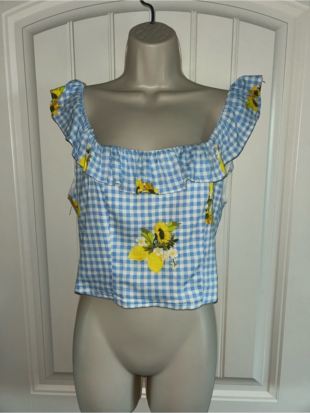NWT Sugarlips Blue Gingham Sunflower Ruffle Crop Top Sz L